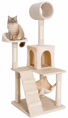 Image de lionto Arbre à chat, arbre à chat élégant de 133 cm, recouvert de peluche, troncs en sisal robustes & surfaces de repos polyvalentes, beige
