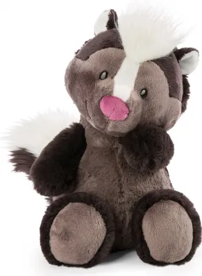 A plush toy skunk is sitting and facing forward against a white background.
