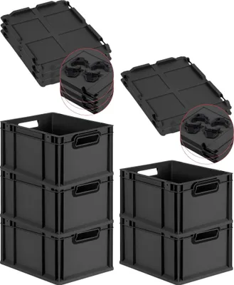 Produktbild von SparSet 5x Eurobox NextGen Color mit Auflagedeckel und Schiebeschnappverschlüsse | HxBxT 22x30x40cm | 20 Liter | Schwarz | Griffe schwarz offen | Glatter Boden | Eurobehälter, Transportbox, Transportbehälter, Stapelbehälter