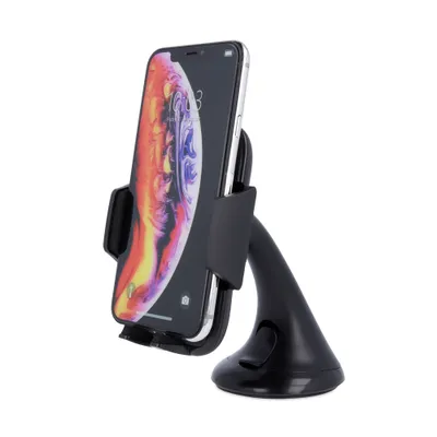 A black car phone holder with a smartphone mounted on it, shown against a white background.