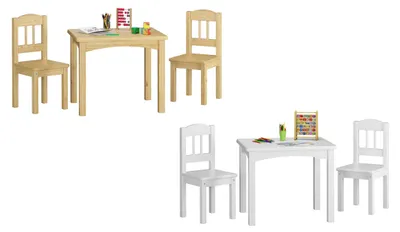 Produktbild von Kindersitzgruppe in weiß oder Holzfarbe Massiv mit Tisch und 2 Stühlen V-90.70-01Kiefer