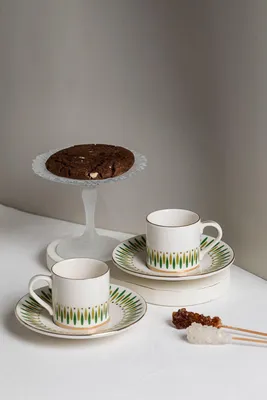 Produktbild von Hermia Concept, Hochwertiges Kaffeetassen-Set (4 Teile) - Porzellan, Weiß/Gold/Grün/Khaki