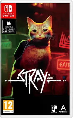 The cover art for the Nintendo Switch game 'Stray', featuring a cat wearing a backpack against a dark, urban background with neon lights.