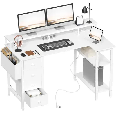 Image de Bureau de jeu en L réversible avec support pour moniteur et 4 tiroirs - Blanc