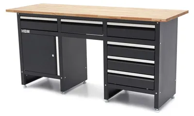 Immagine prodotto di Piano di lavoro, banco da 171 cm con 6 cassetti, 1 anta e in legno massiccio, Hbm Machines, Premium, Olanda