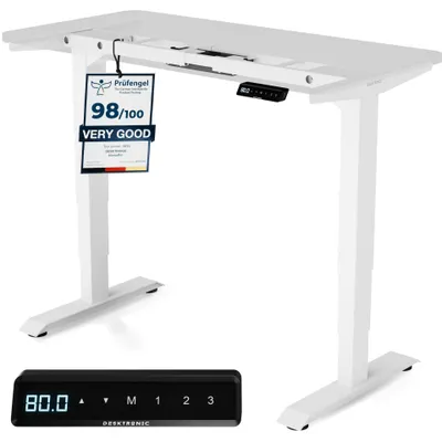 A white electric standing desk with a control panel and a certification tag.