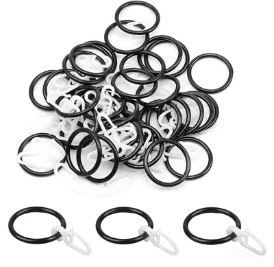 Image de 50 anneaux métalliques pour rideau de douche et 50 crochets en plastique pour rideau de douche, anneaux avec crochets, diamètre intérieur de 32 mm (noirs)