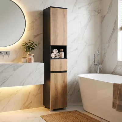 Produktbild von VASAGLE Badschrank, Badezimmermöbel mit Schublade, verstellbare Ablagen, offenes Fach, 30 x 30 x 170,2 cm, schwarz-braun