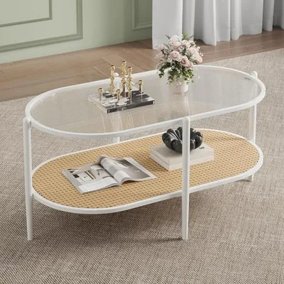 Image de Table basse en rotin - Ovale à deux niveaux - Plateau en verre trempé - Structure métallique - Tressage bohème - Violet foncé