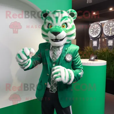 Obrázek produktu pro Postava REDBROKOLY maskota zeleného tygra oblečená v obleku a hodinkách s náramkem