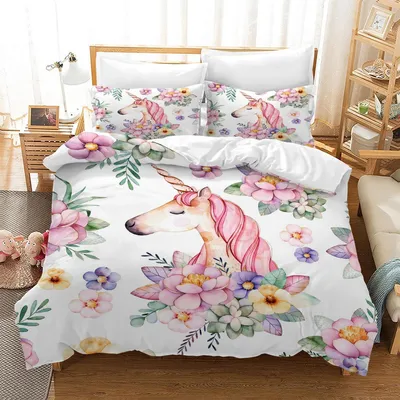 Produktbild von Bettwäsche-Set Einhorn für Mädchen Kinder 220x240cm Weiß Mikrofaser mit Reißverschluss