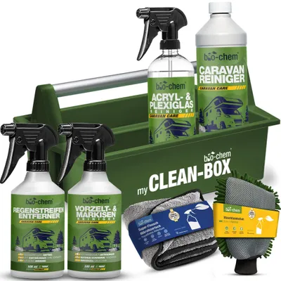 Produktbild von bio-chem Caravan & WoMo Außenpflege Premium Set 7-teilig – Profi Außenreiniger für Wohnmobil, Wohnwagen & Caravan – Reiniger für GFK, Acrylglas, Kunststoff, Dach & Markise inkl. Mikrofasertuch & Waschhandschuh