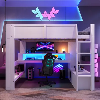 Produktbild von Gaming Hochbett mit LED, inkl. Schreibtisch, Schubladen und Regalen, ideal fürs Kinderzimmer, platzsparend, ohne Matratze, weiß, 140x200 cm