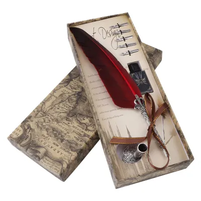 Image de Set d'écriture calligraphique à plume – Plume anglaise avec encre, 5 plumes de rechange, coffret cadeau de papeterie