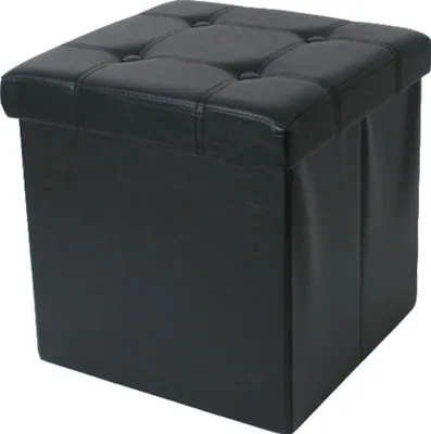 A black storage ottoman is shown against a white background.