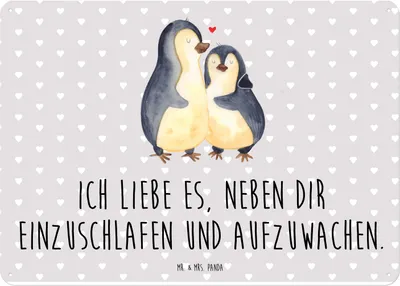 Produktbild von Mr. & Mrs. Panda Magnetschild Pinguine Einschlafen DIN A4 - Grau Pastell - Geschenk, Hochzeitstag, Wandbild, für Frauen, Türschild, Blechschild, Schild, tafel, Partner