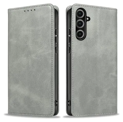 A gray flip cover phone case for a Samsung Galaxy A17 / A17 5G is shown from two angles, open and closed.