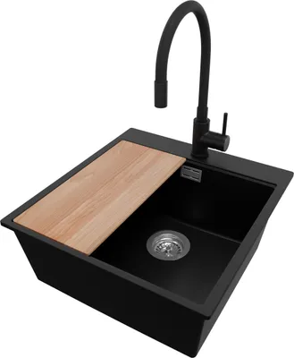 Produktbild von PRIMAGRAN Granitspüle Schwarz 48x50cm, Spülbecken 1 Becken + Küchenarmatur 40x38cm + Ablauf-Set + Schneidebrett, Küchenspüle ab 50er Unterschrank - Oslo