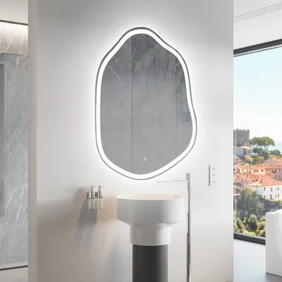Produktbild von Unregelmäßiger asymmetrischer Spiegel mit LED Beleuchtung 54 x 74 cm - mit LED Beleuchtung - LED Farbe Kaltweiß 7000K - Individuell Nach Maß - Beleuchtet Wandspiegel Lichtspiegel Badezimmerspiegel - Sensor Schalter - ZIE222