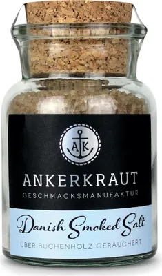 A glass jar of Danish Smoked Salt with a cork stopper and a label.