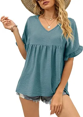 Produktbild von ASKSA Damen T-Shirt V-Ausschnitt Rüschen Kurzarm Shirt Sommer Hemd Tops Babydoll Shirts Oberteile, Blau, M