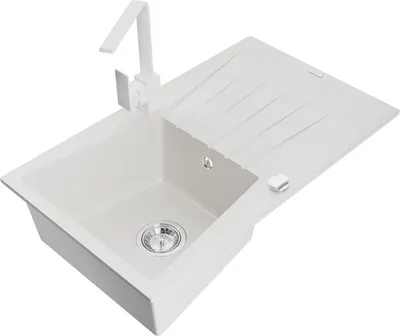 Produktbild von Mexen Cesar 1 Becken-Granitspüle mit Abtropffläche und Mischbatterie Rita, Weiß - 6514-20-670300-20