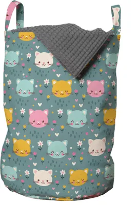 Image de ABAKUHAUS Sac à linge pour crèche, souris souriantes, panier à linge avec poignées, fermeture à cordon pour laveries, 33 cm de large x 49 cm de haut, bleu cadet multicolore