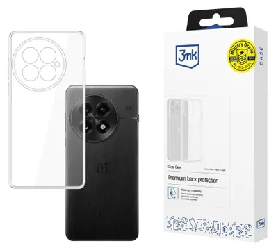 A clear phone case and its packaging are displayed.