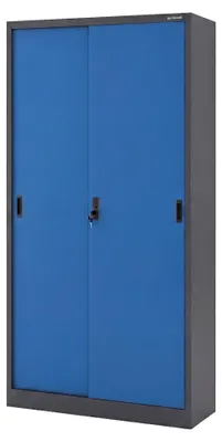 Image de Armoire de classement pour bureau, avec portes coulissantes, en tôle d'acier, étagères en tôle d'acier, revêtement par poudre, verrouillable, dimensions : 185 cm x 90 cm x 40 cm, couleur : gris anthracite/bleu