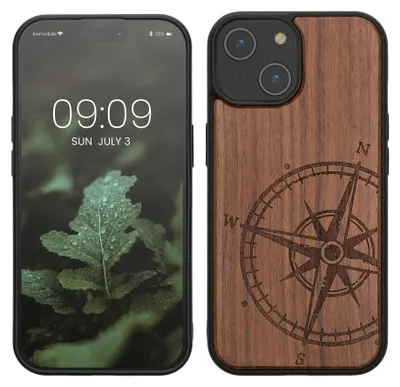Produktbild von kwmobile Hülle kompatibel mit iPhone 15 Hülle - Holz Case - Handy Cover - TPU Handyhülle in Dunkelbraun Kompass Vintage