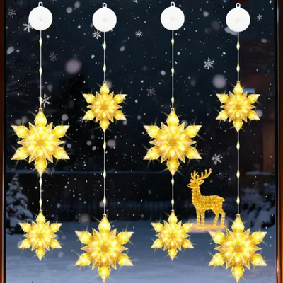 LED-Weihnachtslichter, 4er-Set, Schneeflocken, warmweiß, 92 LEDs, IP44