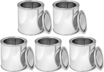 Five silver metal cans with open lids, arranged in two rows.