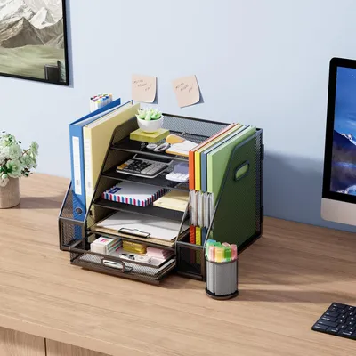 Produktbild von Büro-Organizer mit Aktenmappe und 5-lagigem Dokumentenablage, Schublade und 2 Stifthalter für Büromaterialien