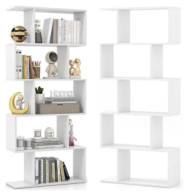 Image de Étagère en forme de S, 5 niveaux, blanche, en bois, pour ranger, idéale pour le salon ou le bureau
