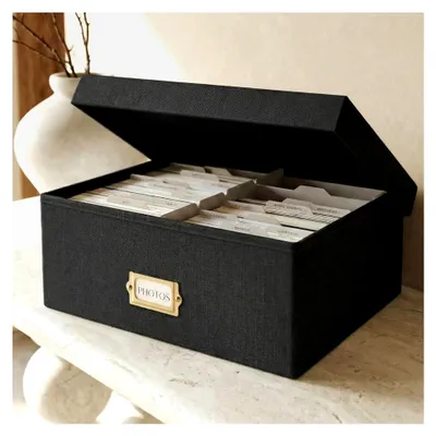 Produktbild von Dekorative Foto-Aufbewahrungsbox – stabiler Leinen-Foto-Organizer mit Trennwänden für bis zu 1700 Bilder im Format 10 x 15 cm – tragbare Scrapbook-Aufbewahrungsbehälter
