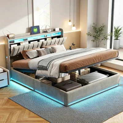 Immagine prodotto di Letto con boxspring INONEFT, 140x190 cm, con LED e USB, letto imbottito con spazio contenitore, letto matrimoniale con sistema idraulico, rivestito in velluto, colore grigio.
