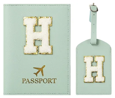 Produktbild von Paspoorthülle und Kofferanhänger mit Buchstabe H, grün, für Reisen