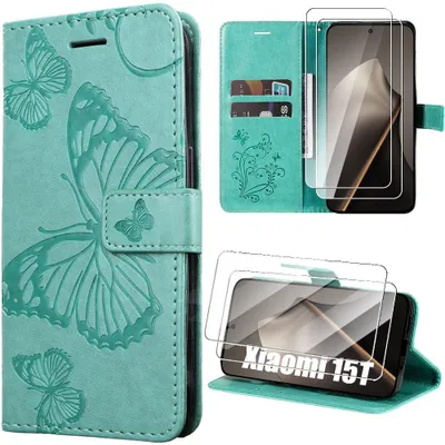 Image de Coque + 2 Verres Trempés pour Xiaomi 15T, Protection Antichoc Simili Cuir Motif Papillon - Vert
