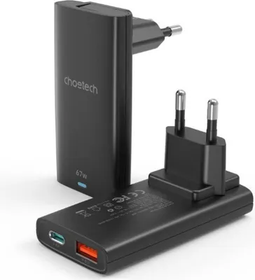 Produktbild von Choetech Schnellladegerät mit Länderadapter, Fast Charger (67W) , USB-C + USB-A Output 45W + 10.5W Schwarz