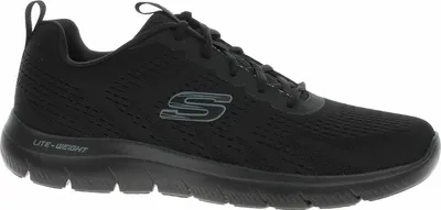 A black Skechers sneaker shown from the side.