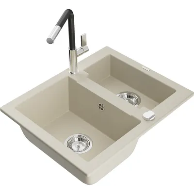 Zdjęcie produktu dla Mexen Carlos zlewozmywak granitowy 1,5-komorowy z baterią kuchenną Flora, beżowy - 6518-69-670401-07