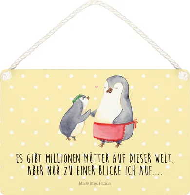 Produktbild von Mr. & Mrs. Panda holzbild Pinguin mit Kind DIN A5 - Gelb Pastell - Geschenk, Wandbild Holz, Türschild, Mama, wandtafel, Holzschild, Vorbild, Muttertag, Schild, Pinguine