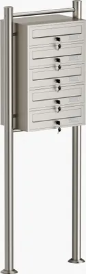 Produktbild von Wiltec 5er Briefkastenanlage Edelstahl 556 x 270 x 1500 mm, Standbriefkasten mit 5 Fächern, Schlüssel und Namensschild, Briefkasten Postkasten mit Ständer