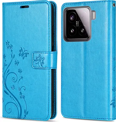 A blue flip case for a smartphone, shown open and closed.