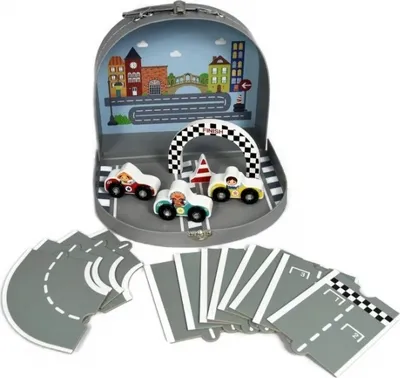 Produktbild von AdamToys Rennbahn 3 Autos Koffer Set 12 Teile Rennstrecke Bahnstrecke Fahrzeuge Spielbahn Kinderbahn