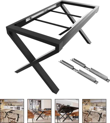 A black metal table base with two silver metal sliding mechanisms, shown on a white background. Below the main image are three smaller images showing the table base in different dining room settings.