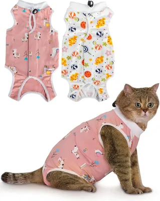 Produktbild von Set mit 2 Katzen-Bauchwunden-Anzügen, Katzen-Genesungs- und Schutzwesten, atmungsaktiv, ideal nach Operationen (Alpaka + Sweets, S)