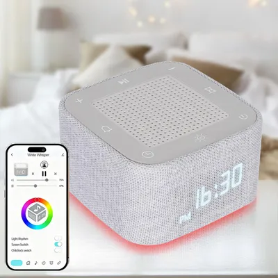 Produktbild von White Noise Wecker mit 32 Geräuschen – Bluetooth Lautsprecher & App-Steuerung, RGB Nachtlicht dimmbar, perfekter Schlaf/Entspannung