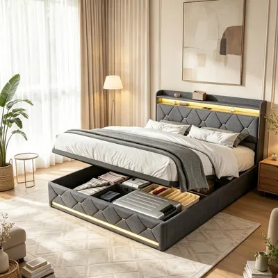Produktbild von INONEFT Polsterbett 160 x 200 cm, Doppelbett, Bettrahmen mit Lattenrost, hydraulisches Boxspringbett, Jugendbetten mit LED und USB, Leinen, Grau