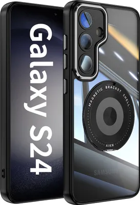 Produktbild von Handyhülle für Samsung Galaxy S24 Transparent Militärschutz mit Magnetring Ständer und Kameraabdeckung Schwarz
